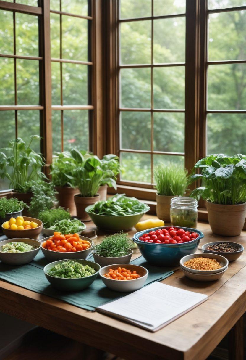 A beautifully arranged meal prep scene showcasing colorful dishes made with fresh veggies, lean proteins, and whole grains. Include a peaceful kitchen setting with soft natural lighting, a wooden table adorned with utensils, a notebook with mindful eating tips, and warm plants in the background. Emphasize a sense of serenity and health. super-realistic. vibrant colors. soft focus.