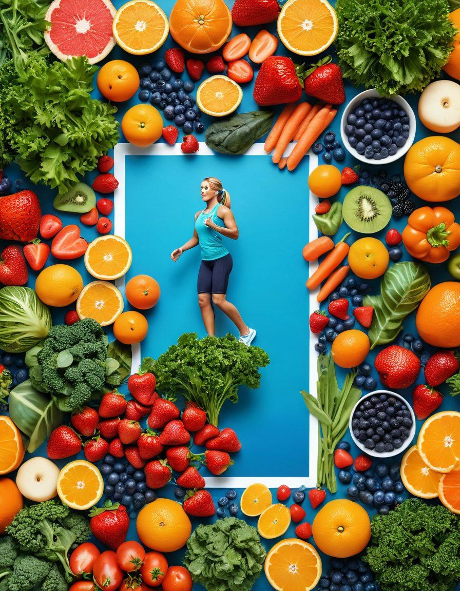 A vibrant collage illustrating diverse healthy foods like colorful fruits and vegetables, alongside various fitness routines featuring people exercising in different environments. Include elements like a measuring tape, a fitness tracker, and a wellness journal open to dietary plans. The background should have a soft gradient of greens and blues to evoke a sense of vitality and health. super-realistic. vibrant colors. 3D.